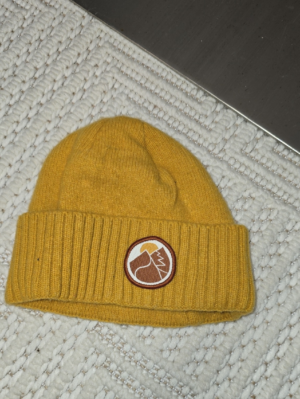 Patagonia Kids Yellow Folded Cuff Beanie with Mountain Patch